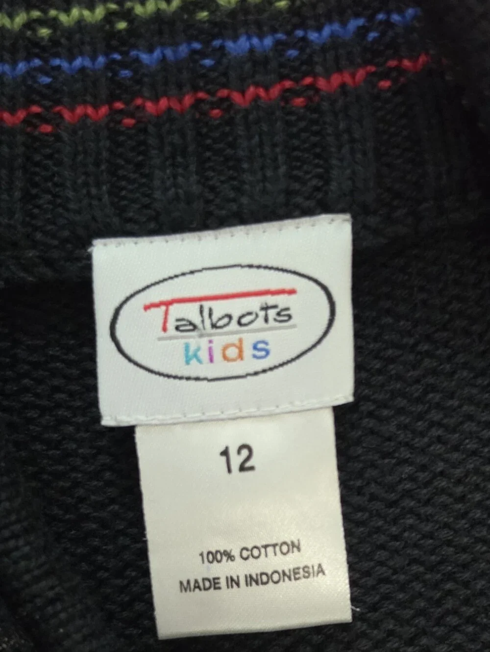 Talbots Kids Fair Isle Vintage Quarter-Zip Cotton Knit Black Sweater Sz 12